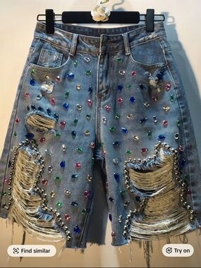 Embellished Distressed Light Blue Denim Jean Shorts with Multicolor Gems